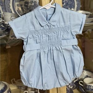 Vintage blue smocked heirloom bubble romper 3m 14.5” sts baby boy boutique